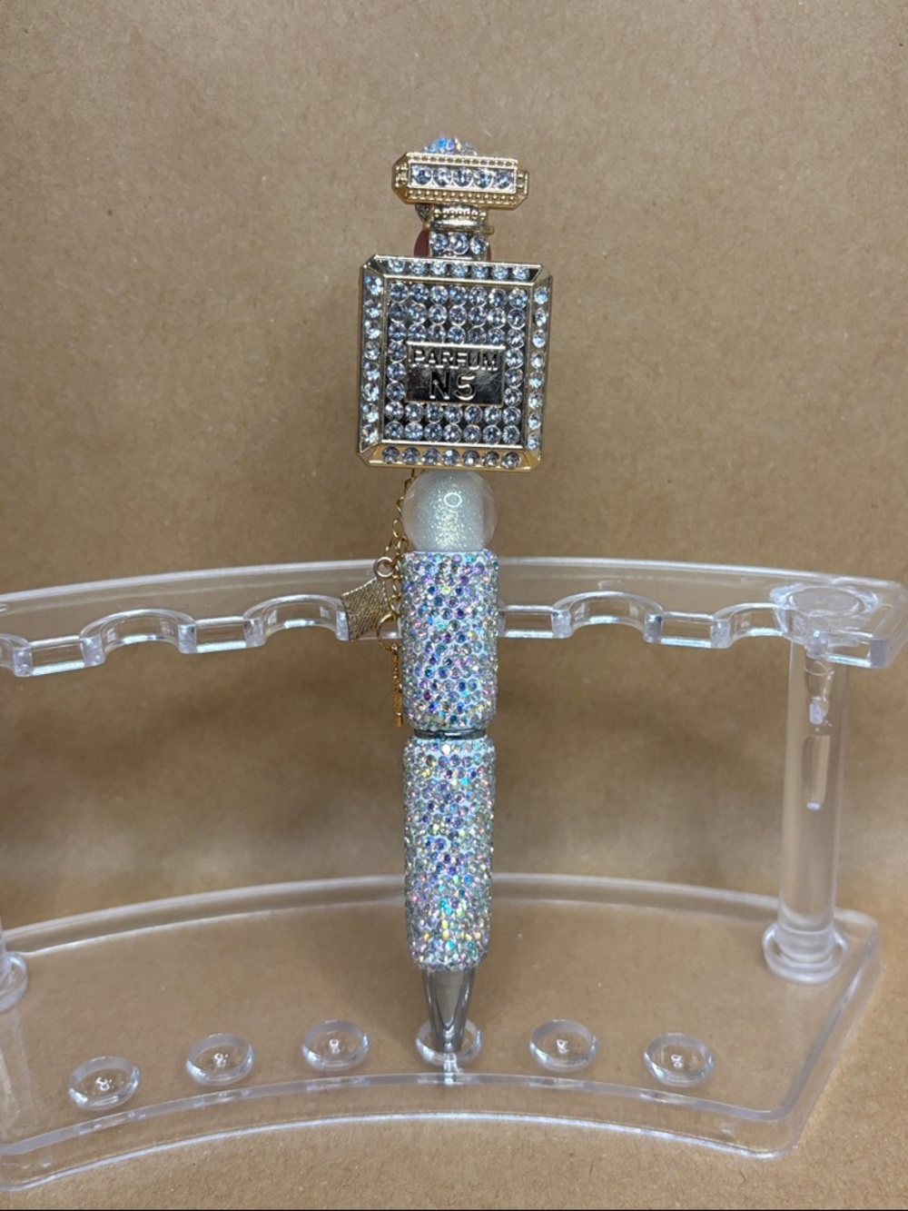 Rhinestone Perfume Bottle Accent Pen - Gold & Iridescent
